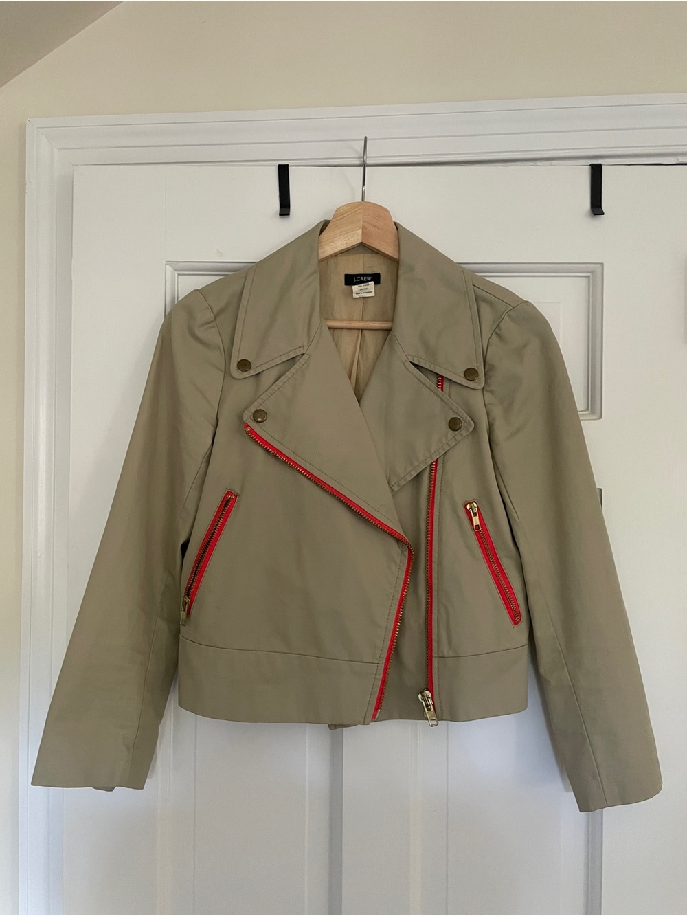 J Crew | Khaki Moto Jacket with Red Zippers | 0